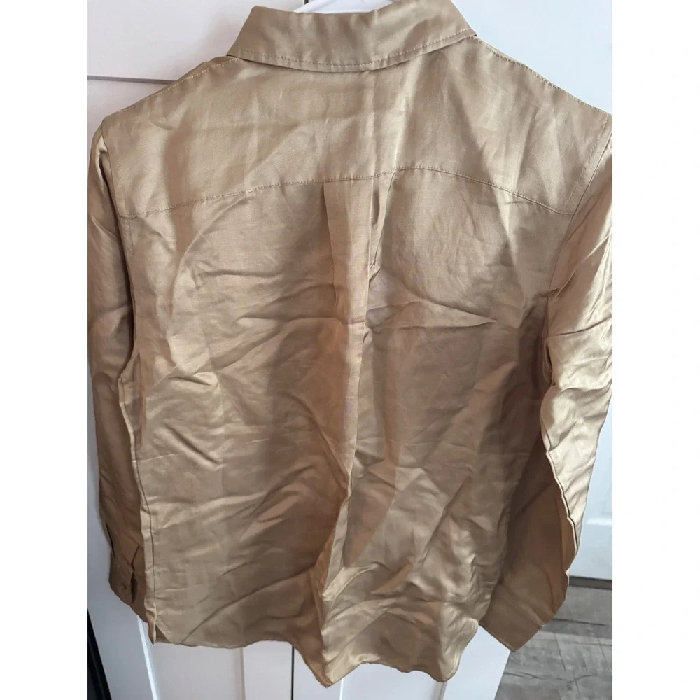 Lauren Ralph Lauren Gold Champagne Button Down Utility Shirt Blouse Petite Small